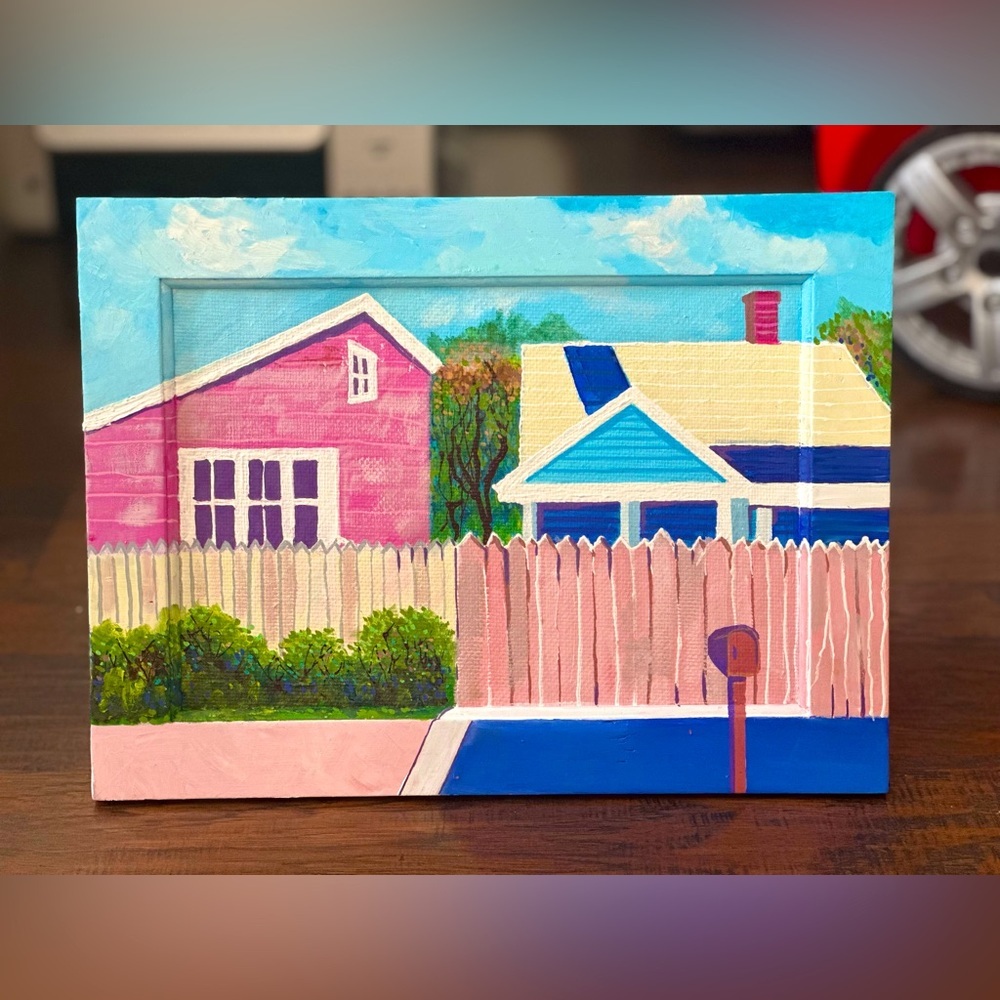 Acrylic Hand-Painted Suburban Neighborhood Art – 3D House Scene on Wood Frame